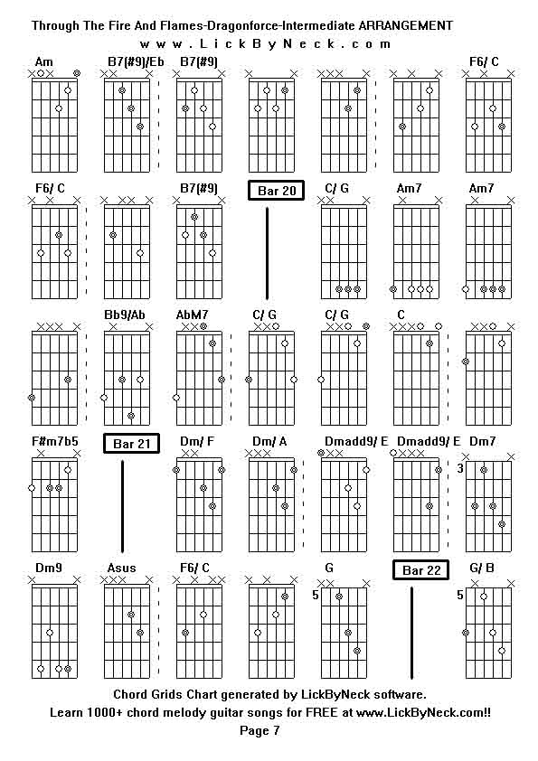 Chord Grids Chart of chord melody fingerstyle guitar song-Through The Fire And Flames-Dragonforce-Intermediate ARRANGEMENT,generated by LickByNeck software.